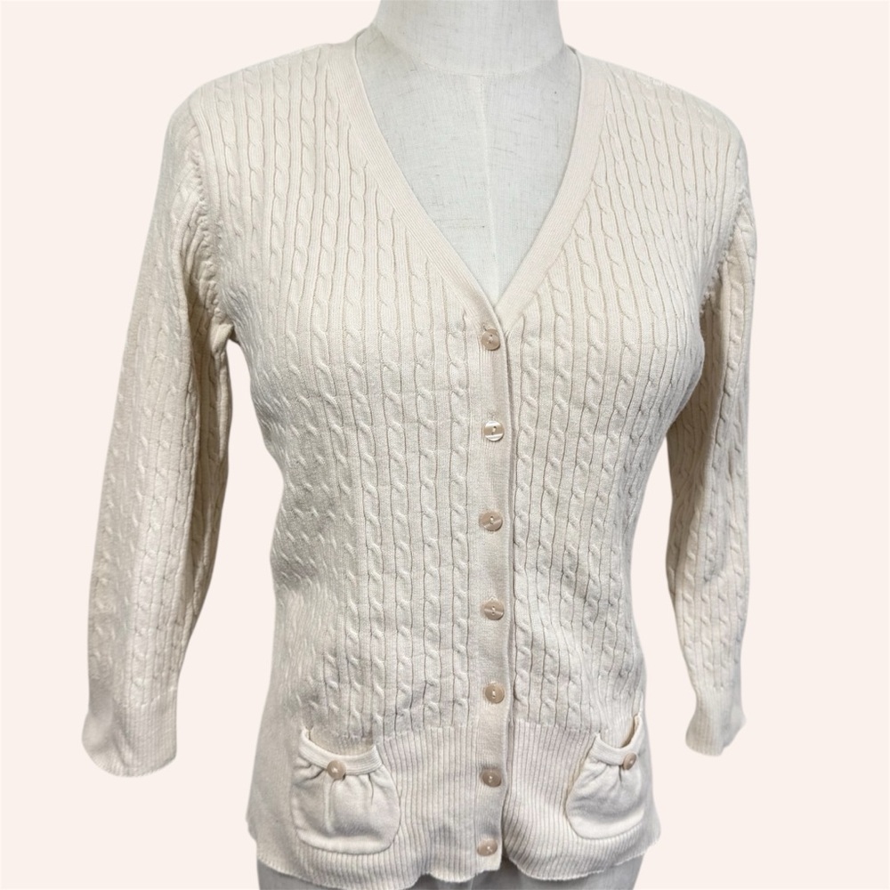 Ivory Cable Knit Cardigan Sweater Size S Y2K Old Money Preppy Coquette Heritage